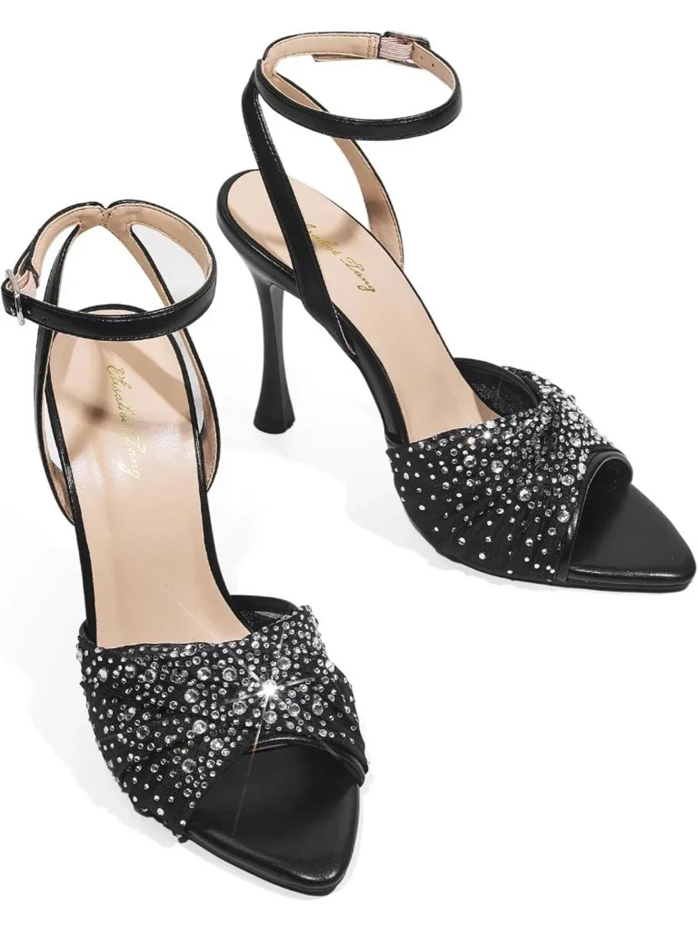 Women's Black Mesh Rhinestone 4 Inch Strappy High Heels Sandals Pointed Open Toe